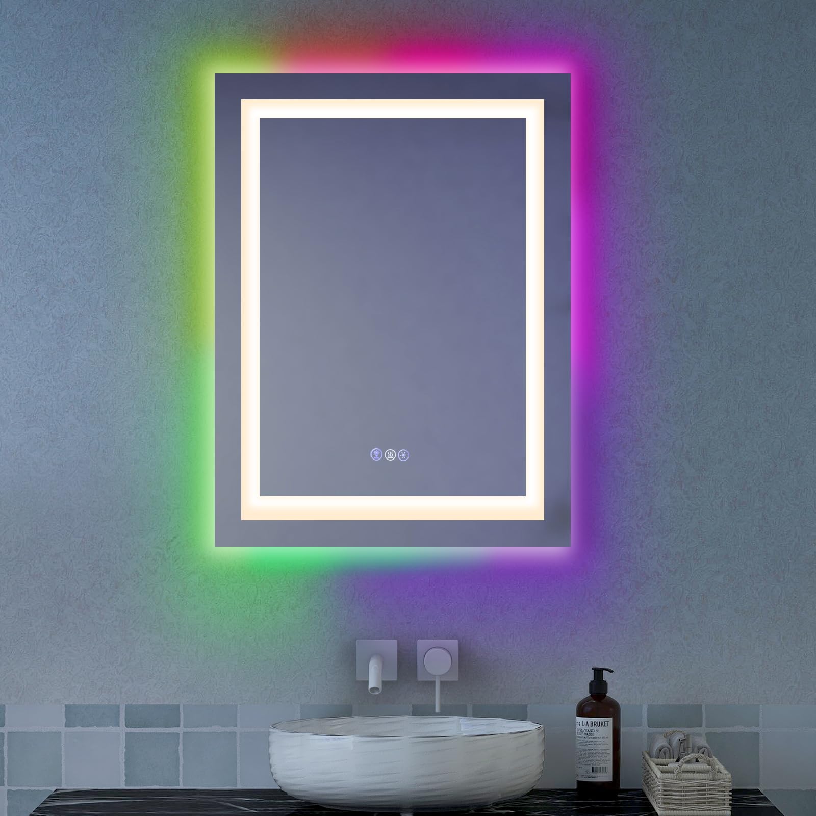 Miroir mural de salle de bain Tangkula 32" x 24" avec éclairage LED RVB, miroir de maquillage à intensité variable